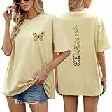 TOMEEK T-Shirt Für Damen Top Sommer Oversize Shirt Rundhals Kurzarm Baumwolle Weiße Tshirts Vintage Loose Tshirt Lockere Passform Basic Tee Kurzärmelig(Khaki,XXL)