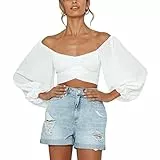 Damen Bauchfrei Oberteil Schulterfrei Rüschen Wrap Crop Top Langarmshirt mit Lange Puffärmel Bluse Binden Zurück Shirts für Party Freizeit(L-Typ 2)