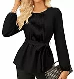 GRACE KARIN Elegante Oberteile Damen Crop Tops Langarm Business Blusen Sommerblusen Vintage Bluse mit Plisseefalten Schwarz M