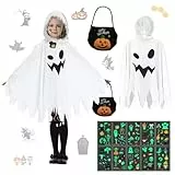 Shinybox Halloween Kostüm Kinder, Umhang Gespenst mit Kürbis Tasche und 10 Dunkeln leuchtende Tattoo-Aufkleber, Weiß Gespenst Kostüm, Kinder Halloween Geist Umhang für Karneval Fasching Cosplay