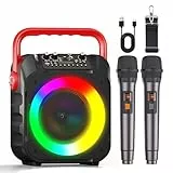 Wowstar Karaoke Maschine mit 2 Kabellose Mikrofone, Tragbare Bluetooth Lautsprecher Box für Erwachsene/Kinder mit Lichteffekte, Unterstützt TF/USB, FM, Rec, AUX in, TWS für Party, Geburtstag (Rot)