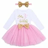 Kleinkinder Mädchen Mein 3. Geburtstag Kleid Baumwolle Langarm Tutu Tüllkleid A-Linie Prinzessin Partykleid mit Pailletten Schleife Stirnband 2tlg Set Fotoshooting Outfit Kostüm Rosa 3 Jahre