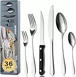 BEWOS 36-teiliges Besteck set mit Steakmesser Service für 6, Premium-Edelstahl-Bestecksets für Haus & Küche, Hochwertiges Messer-Löffel-Gabel-Besteck-Set Hochglanzpoliert, Spülmaschinenfest