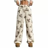 HSUAYEUD Damen Schlafanzughose Weich Pyjamahose Lang Stretch Drawstring Hosen leopard Freizeithose Flanell Pyjama Damen Weites Bein Hose Beige S
