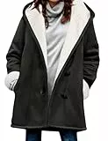 Yuson Girl Winterjacke Damen Lang Wintermantel Wildleder Fleecejacke Lose Winterparka Winter Warm Cardigan Outwear Einfarbig Kapuzenjacke mit Kapuze und Seitentaschen(Schwarz, L)