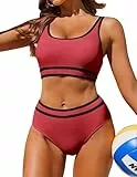 AI'MAGE Badeanzug Damen Sport Bauchweg Bikini Set High Waist Bikini-Sets Bademode Push Up Sportlich, Rot M