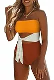 Pink Queen Damen Bandeau One Piece Badeanzug High Cut Bauchweg Trägerloser Tie Waist Monokini Bademode Orange Weiß 2XL