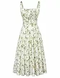 SCARLET DARKNESS Damen Freizeit Maxikleid Elegant mit Schnürung Gesmokt Sommerkleid Weiß-Grün Blumen XL