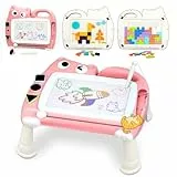 Riswistoy Magnetmaltafel Kinder 8.5 Inch, Zaubermaltafel Tragbar mit 4 Farbzonen, Zaubertafel ohne Staub für Kinder 1-6 Jahre, Mit Magnetstift & Bauklötze(Rosa)