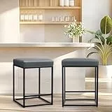 ALPHA HOME Barhocker 2er Set mit Fußstütze Barstuhl Grau ohne Lehne Barhocker Pu-Leder Sitzhöhe 61cm Barstühle Rückenfreier Sitzhocker mit dickem Kissen und robustem verchromtem Metallgestell