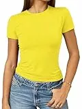 OOHOKAY Damen Basic T-Shirt Y2K Slim Fit Oberteile Elegant Stretch Unterziehshirt Einfarbiges Top(Zitronen Gelb-F1,S)