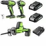 Greenworks 24V 3‑teiliges Akkutool-Set, bestehend aus Akkuschrauber (35 Nm), Akku-Schlagschrauber (220 Nm), Mini Akku-Säbelsäge, 2 Akkus und einem Ladegerät