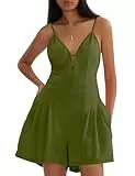 CHERFLY Damen Sommer Casual Strampler Tiefer V-Ausschnitt Spaghettiträger Overalls Rückenfrei Weites Bein Kurzer Jumpsuit mit Taschen 2024, Garten Grün, X-Large