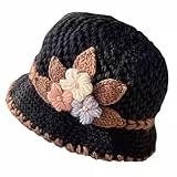 Muorruo French Thicken Damen Blumen Strick-mütze Modische Beanie-Mütze Lady Häkel-Eimermütze für den Winter, Blumenhäkel-Vintage-Mütze Hohlmütze Atmungsaktive Strick-Totenkopfmütze