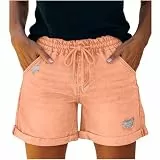 Jamicy Jeans Damen Shorts Sommer Stretch Jeansshorts High Waist Zerrissen Destroyed Jeanshose Kurz Casual Damen-Shorts Loose Fit Sommershorts Fashion Freizeitshorts Tunnelzug Kurze Hose Orange XL
