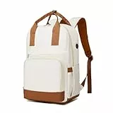 KONO Laptop Rucksack Damen 15,6 Zoll, Wasserdichter Rucksack mit Kabel-Durchführung & Gepäckband, Leichter Schulrucksack für Uni, Reisen, Lehrer & Beruf - Tagesrucksack für Frauen (Creme/Braun)