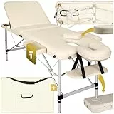 tectake Massageliege 3 Zonen, Massagetisch, Massageliege klappbar, höhenverstellbare Aluminium Massageliege, Massagebett tragbar inkl. Zubehör, Alu-Kopfstütze, Armlehne und Tragetasche - beige