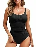 Vancavoo Badeanzug für Damen Bauchweg Badeanzüge Große Größe Push Up Bademode Shape Einteilige Badekleid Rückenfrei Rüschen Elegant Strandmode Swimsuit,Schwarz,L