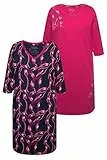 Ulla Popken Damen Bigshirts, 2er-Pack, V-Ausschnitt/Rundhals, 3/4-Arm Nachthemd, Fuchsia, 46/48