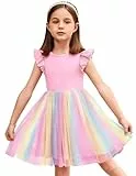 Arshiner Kleider für Mädchen Regenbogen Kleid Flatterärmeln Sommerkleid A-Line Partykleid Prinzessinenkleid Tutu Geburtstagskleid Ballkleid Rosa 120/6-7Jahre