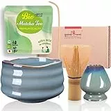 Goodwei BIO Matcha aus Japan im Matcha-Set komplett mit hochwertiger Matcha Schale aus Keramik, Matcha Besen und Besenhalter | Geschenkset für Teezeremonie (Menouseki)