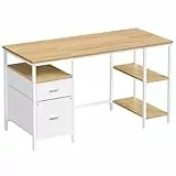 VASAGLE Computertisch, Bürotisch, Schreibtisch, mit 3 Ablagen, 2 Schubladen, 140 x 60 x 76 cm, fürs Büro, Wohnzimmer, moderner Stil, natureichenfarben-perlweiß LWD104Y01