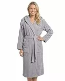 LAYNENBURG Bademantel Damen Frottee aus 100% Baumwolle – OEKO TEX Standard – weicher Morgenmantel langmit Kapuze, Bindegürtel und aufgesetzten Taschen – ideal für Sauna & Zuhause (XL hellgrau)