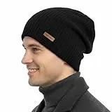 TOP-EX XL/XXL Merinowolle Slouch Beanie Herren Mütze Damen Winter Warm Strickmuetze mit Satinfutter Schwarz XL/XXL