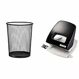 D.RECT Papierkorb Büro 19L - Abfalleimer, Papierkorb aus Drahtgeflecht Mülleimer & Leitz Büro Locher aus Metall, Für 25 Blatt