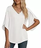 Yommay Damen Bluse Elegant V Ausschnitt Sommer T-Shirts Casual Leicht Chiffon Tunika Kurzarm Tops,Weiß,XL