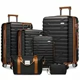 LARVENDER Kofferset 6 Teilig Hartschale Leicht ABS Erweiterbar Reisekoffer Haltbar Handgepäck Sets 4 Rollen TSA-Schloss mit 1 Reisetasche und 1 Kulturtasche, Schwarz/Braun