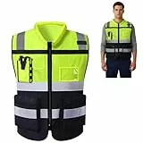 URAQT Reflektierende Sicherheitsweste, Warnweste für Herren and Damen, Hohe Sichtbarkeit Weste mit Reißverschluss, Warnschutz Arbeitsweste in Neon-Gelb/Grün - Atmungsaktiv, Reißfest, mit 7 Taschen, L