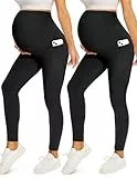 Fotociti Umstandsleggings mit Taschen über dem Bauch, für Damen, Schwangerschaft, Workout, Yoga, aktive weiche Strumpfhose, 2 Stück, schwarz/schwarz, S