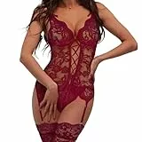 AUYAO Dessous-Sets für Damen Spitze Body Bodysuit Teddy Mesh Unterwäsche Teddy Babydolls Dessous mit Oberschenkel Strumpfband Ohne Strümpfe Verstellbar V-Ausschnitt Reizwäsche Strapsen Set (Rotwein,L)