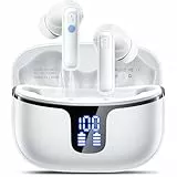 Bluetooth Kopfhörer, Kopfhörer Kabellos Bluetooth 5.3 mit 4 ENC Noise Cancelling Mic, Kabellose Kopfhörer HiFi Stereo Tiefbass Wireless Earbuds 40Std, IP7 Wasserdicht Ohrhörer Sport LED Anzeige Weiß