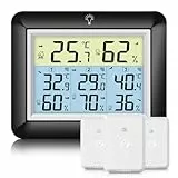 Urageuxy Funk Thermometer mit 3 Außensensoren - Wetterstation mit 100m Reichweite, Digital Hygrometer Thermometer mit Großem LCD-Display, MIN/MAX-Aufzeichnung, Einfache Bedienung (Schwarz)