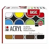 Marabu Acrylfarben Set BASIC, 12 x 18 ml seidenmatte Farben, leicht vermalbar, schnell trocknend, lichtecht, wetterfest, für viele Maltechniken und Untergründe, 1210000000214
