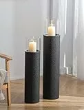 Sziqiqi Windlichtsäule Groß Schwarz mit Glas: 85/70 cm Kerzenständer Boden Hoch für Stumpenkerzen - Laternen Kerzenhalter Metall 2er Set für Draußen Garten Wohnzimmer Terrasse Haustür