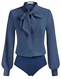 Kate Kasin Elegante Damenblusen Langarmblusen Freizeitblusen mit Bindeband Jeansblau M