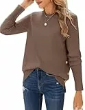 Zeagoo Damen Pullover Herbst Langarm Rundhals Knit Sweater Herbst Winter Pulli Elegant Einfarbig Oberteile Warm Strickpulli mit Knöpf Braun S
