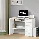 Hzuaneri Schreibtisch, Computertisch mit 5 Schubladen, Bürotisch mit Minimalistischem Design, moderner PC Tisch, 108 x 50 cm, geeignet für Arbeitszimmer, Büro, Schlafzimmer, Weiß CD10503X