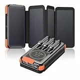 Bilivein Wireless Solar Power Bank - 25000mAh Solar Ladegerät mit 3 Integrierten Kabeln - 20W Schnelles Laden PowerBank mit 4 Solarpanels - USB C Externer Akku mit LED für Outdoor Camping