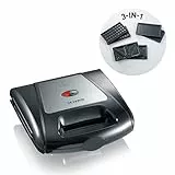 SEVERIN 3in1 Sandwichmaker-Toaster, auswechselbare Platten: Brüsseler-Waffeleisen, Grillplatten, Sandwich-Toasts, antihaftbeschichtet, 1.000 W, Edelstahl-gebürstet-schwarz, SA 2968
