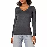 Amazon Essentials Damen Regular-Fit Leichter Langarm-Pullover V-Ausschnitt (In Übergröße Erhältlich), Dunkelgrau Meliert, M