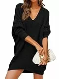 Saodimallsu Pulloverkleid Damen V-Ausschnitt Übergroßes Strickpullover Elegant Warm Rippstrick lässig lockere Freizeitkleid für Herbst Winter Strickkleid,Schwarz,L