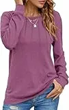 Damen Pullover Lässig Langarmshirt Elegant Herbst Winter Rundhals Sweatshirt Langarm Shirts Loose Plissee Oberteile Hellviolett XXL