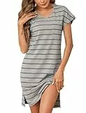 Jahetuul Damen Nachthemd Baumwolle kurzärmelig Nachtkleid Frauen Negligee Schlafshirt Kurzarm Sleepshirt mit Streifenmuster Mit Schlitz im Rocksaum