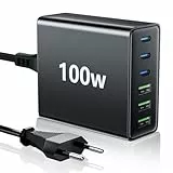 HSSNS USB C Ladegerät Mehrfach: 100W 6-Port Schnellladegerät mit USB-C und USB-A, Tragbarer netzteil für ipad, iPhone Series und andere Smartphones