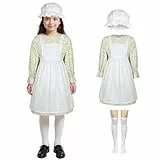 Aomig Kostüm Mittelalter Mädchen Maid Dress Blumenmuster French Maid Outfit Viktorianisch 4PC Dienstmädchen Kostüm mit Mützen/Strümpfe/Weiße Schürze Historische Kostüm Kinder Halloween Cosplay Party-S