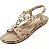 Acfoda Offene Sandalen Damen Sommer mit Blumen Strass Flach Bohemian Sandaletten Frauen mit Weiche Fußbett, 39 EU, F Beige
